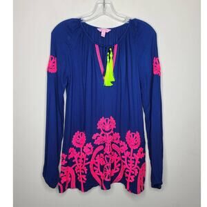 Lilly Pulitzer Willa tunic - blue pink with neon tassels - XS